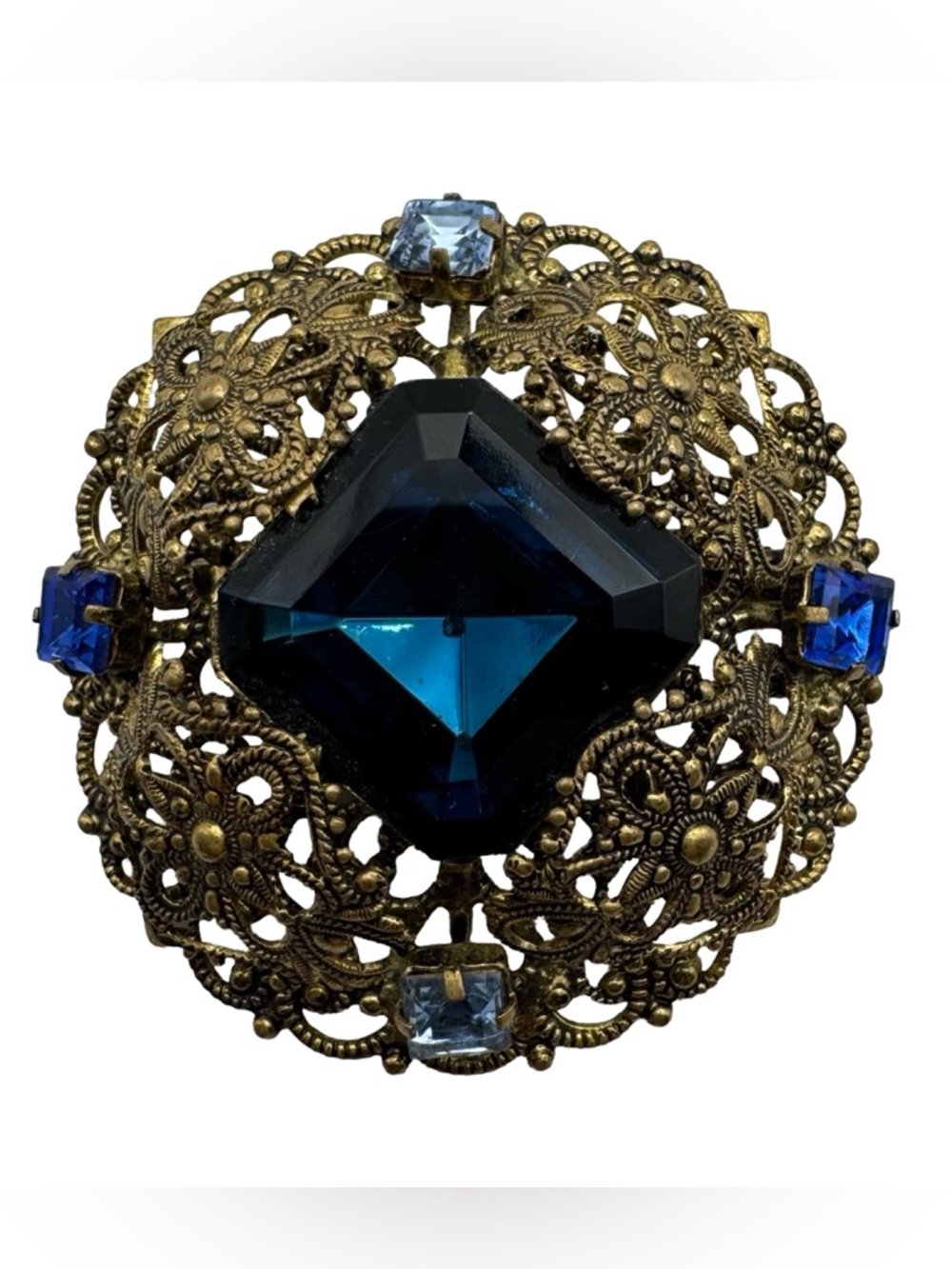 Vintage Blue Rhinestone Brooch Gold Tone Filigree Large Statement 2”